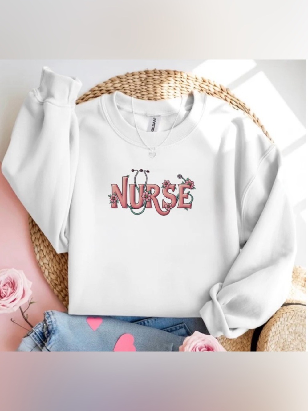 Floral Nurse Stethoscope Pink White Crewneck Sweatshirt Healthcare Gift